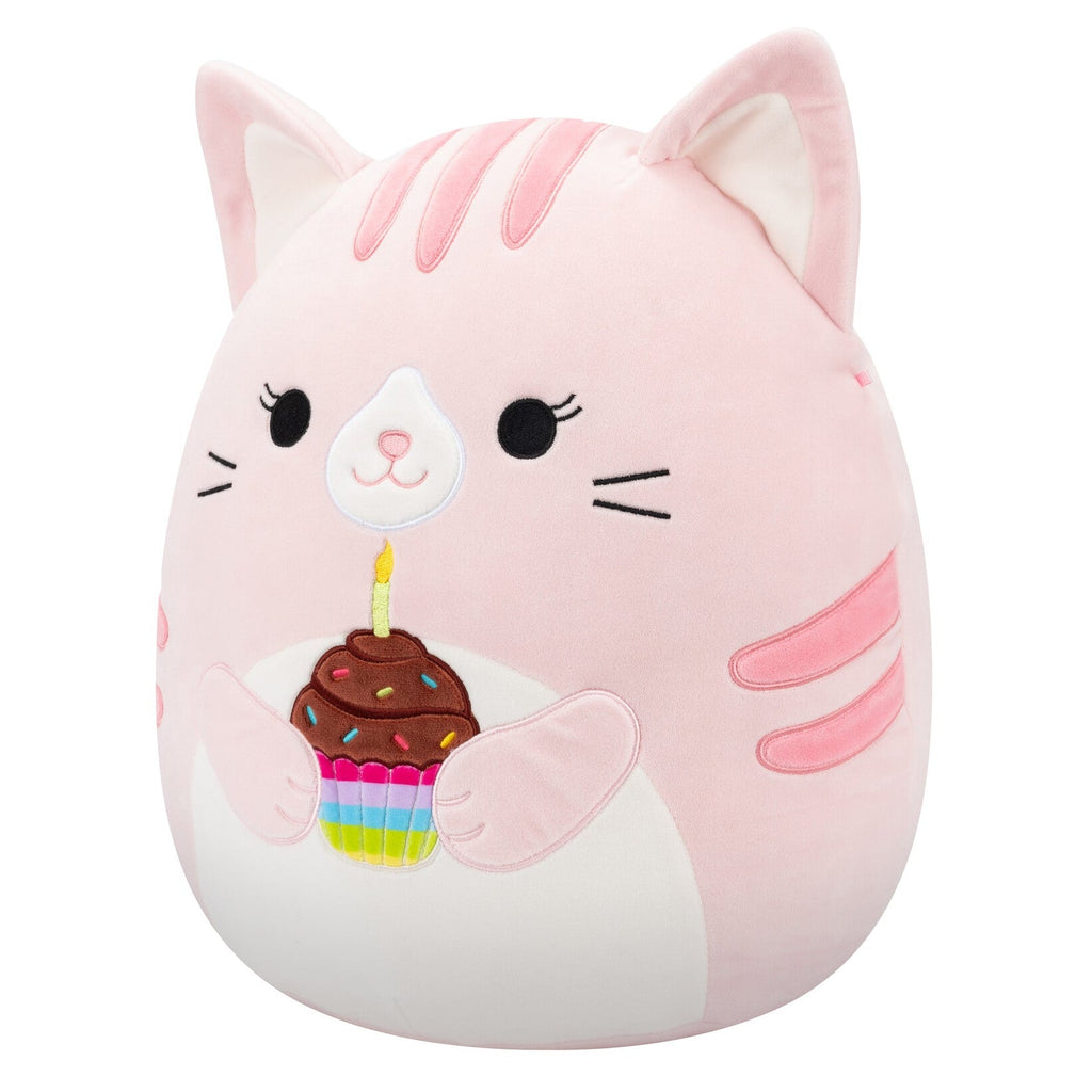 14-Inch Laura the Pink Tabby Cat Holding Birthday Cupcake
