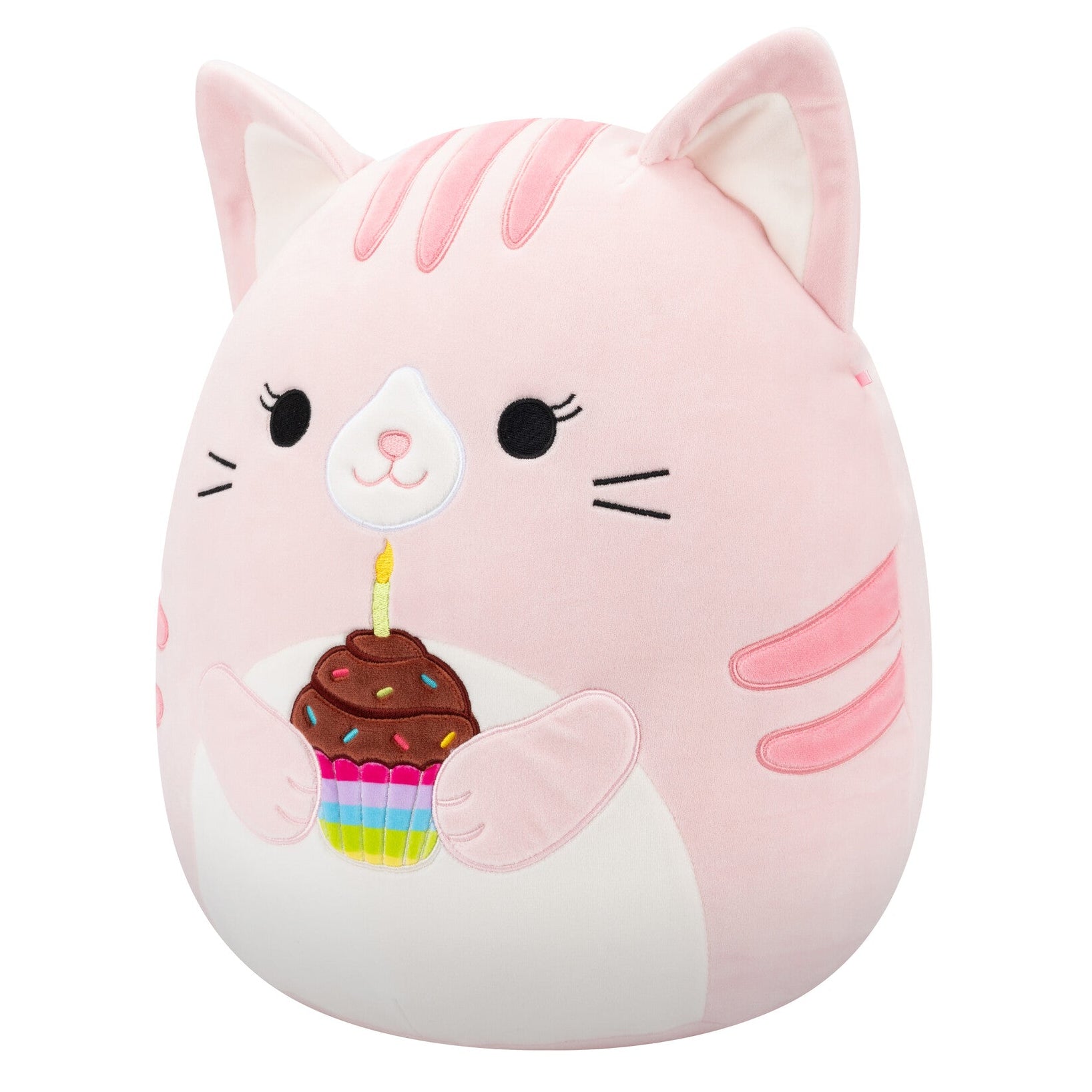 14-Inch Laura the Pink Tabby Cat Holding Birthday Cupcake