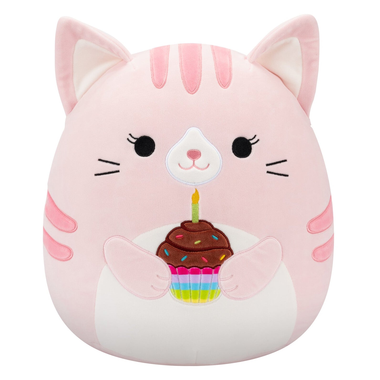 14-Inch Laura the Pink Tabby Cat Holding Birthday Cupcake