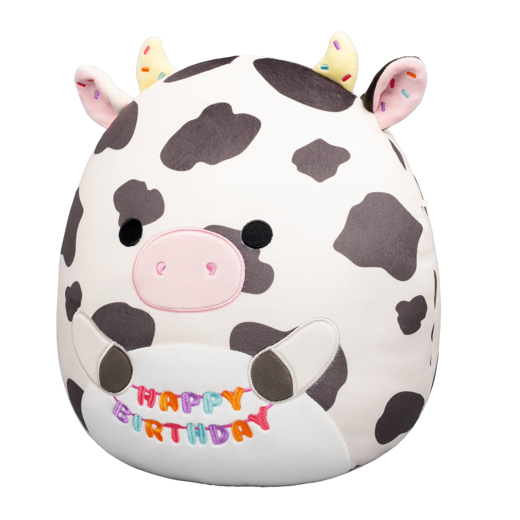 12-Inch Colin the Black and White Cow Holding Birthday Sign