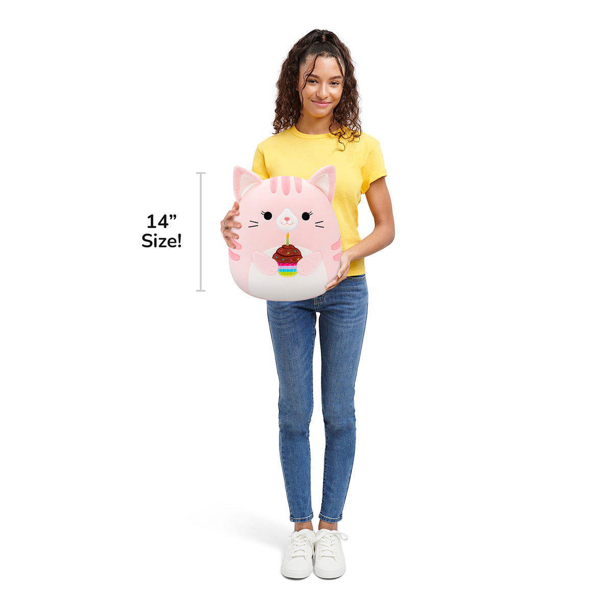 14-Inch Laura the Pink Tabby Cat Holding Birthday Cupcake